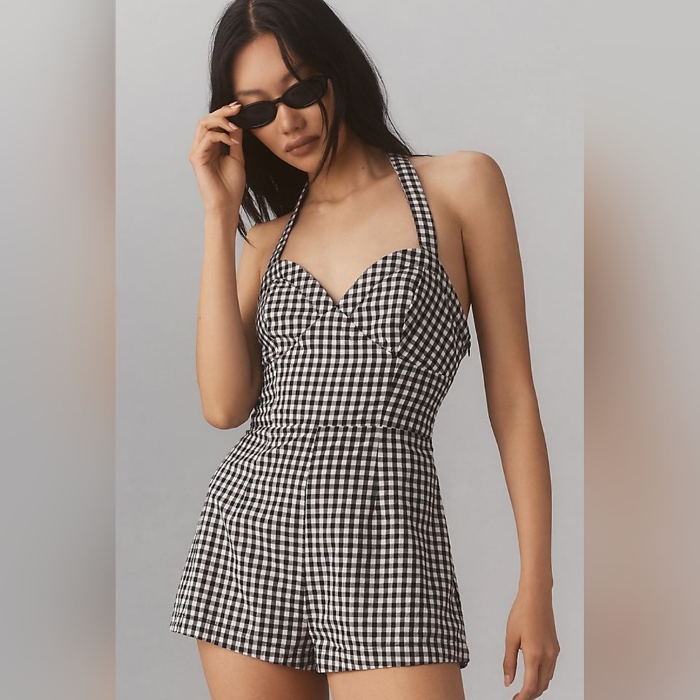 NWT Anthropologie Maeve Black & White Cotton Gingham Halter Pinup Romper, Size 6